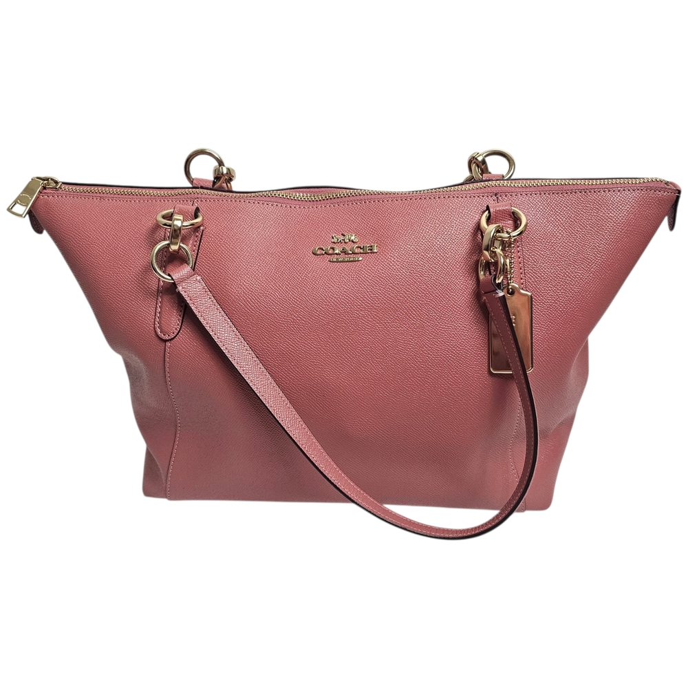 Coach Ava Pink Red Crossgrain Leather Tote with Gold Accents